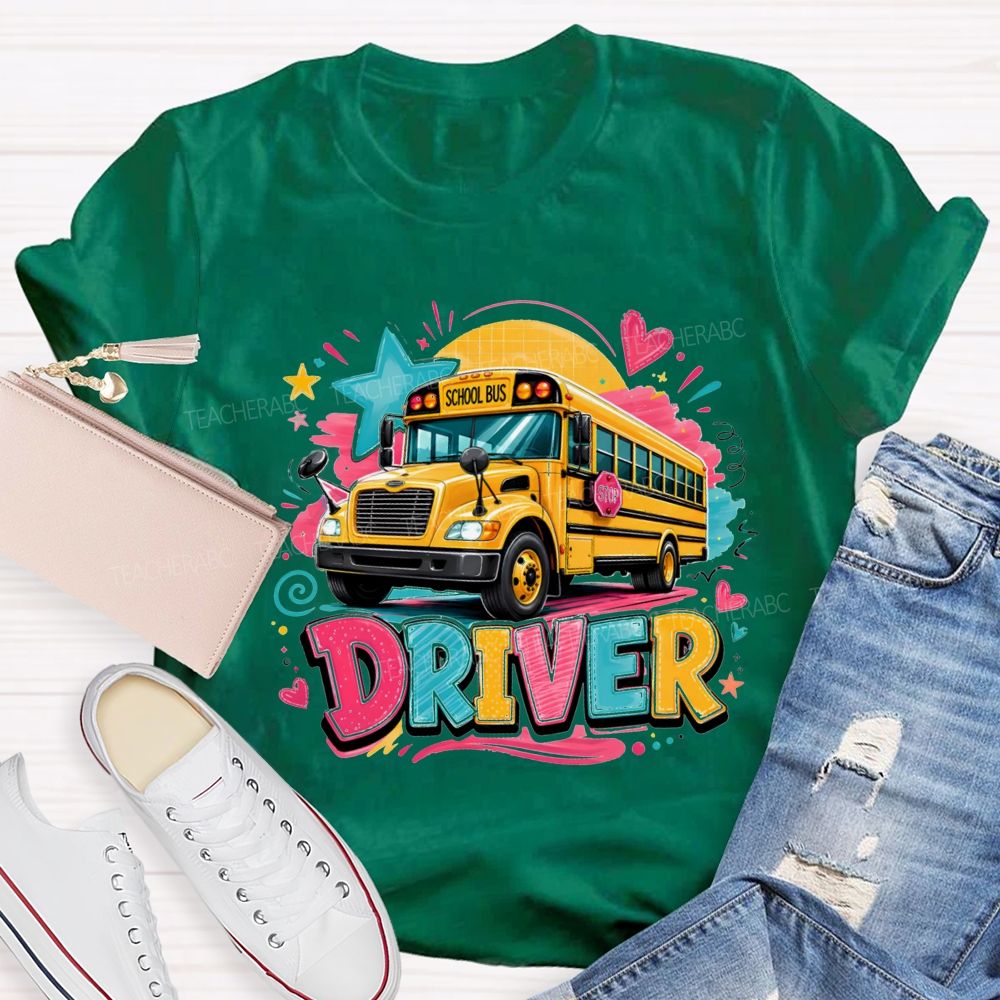 Rainbow School Bus Driver Doodle Heart Star T-shirt