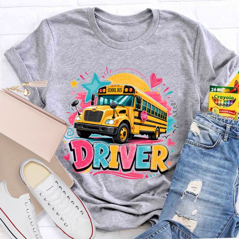 Rainbow School Bus Driver Doodle Heart Star T-shirt