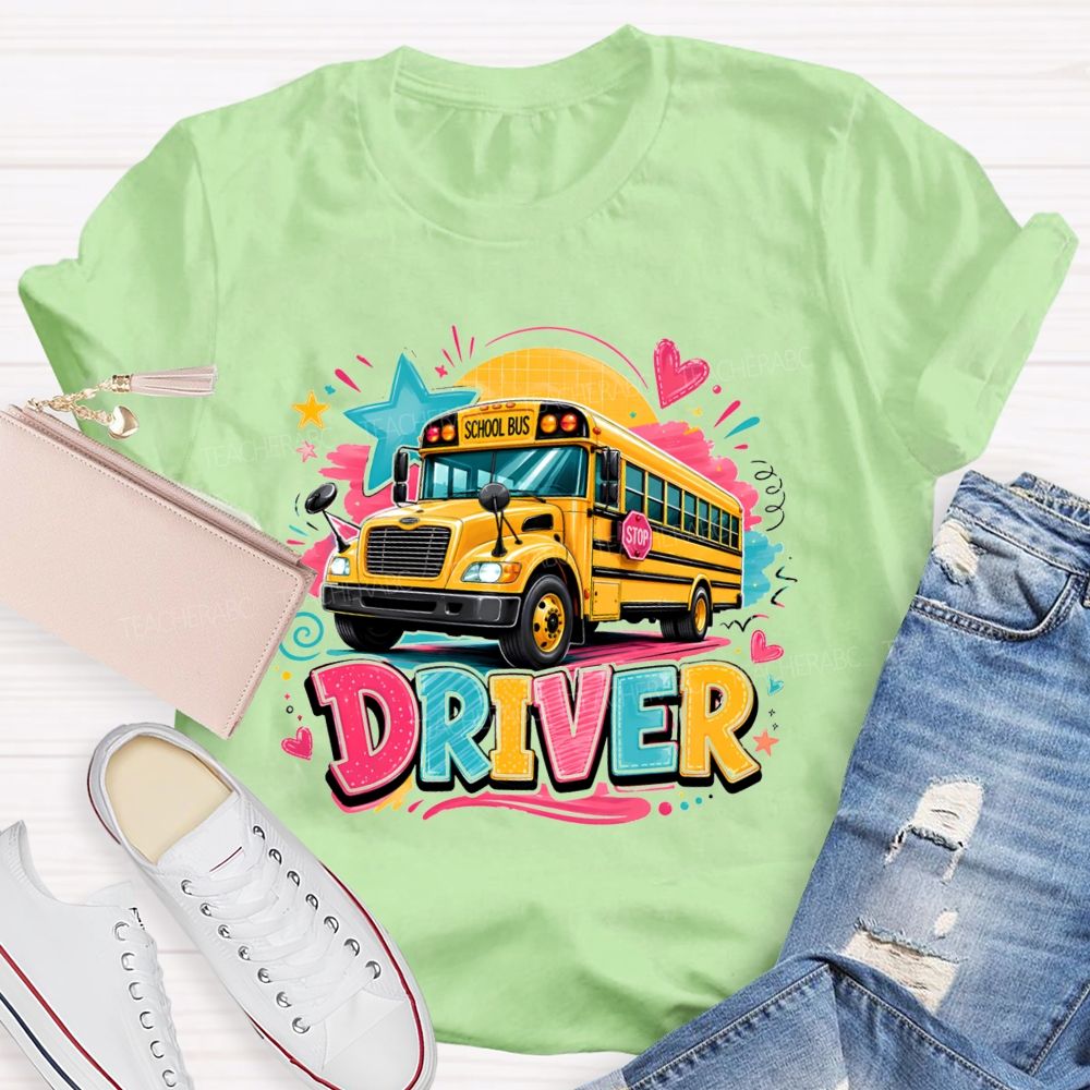 Rainbow School Bus Driver Doodle Heart Star T-shirt