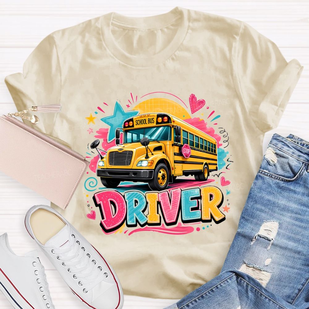 Rainbow School Bus Driver Doodle Heart Star T-shirt