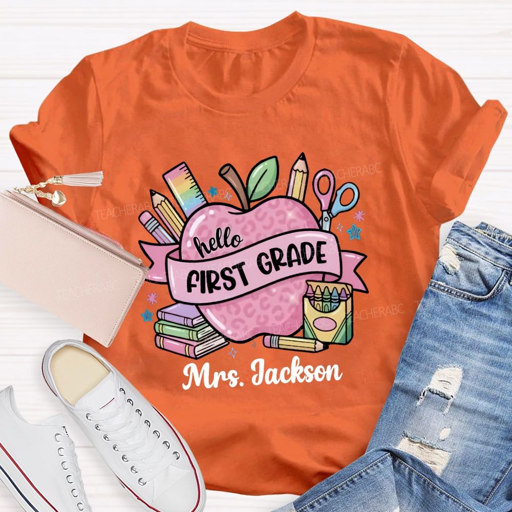 Personalized Grade And Name Pink Leopard Apple Crayon Teacher T-Shirt