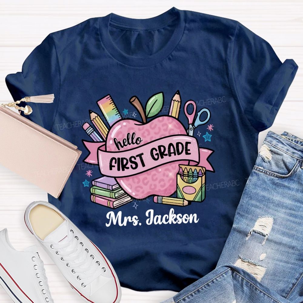Personalized Grade And Name Pink Leopard Apple Crayon Teacher T-Shirt