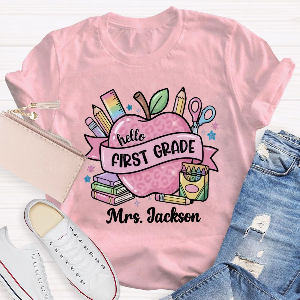 Personalized Grade And Name Pink Leopard Apple Crayon Teacher T-Shirt