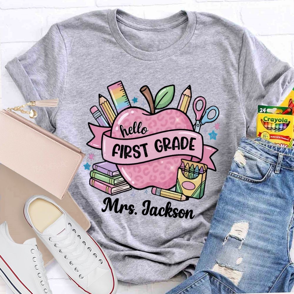 Personalized Grade And Name Pink Leopard Apple Crayon Teacher T-Shirt