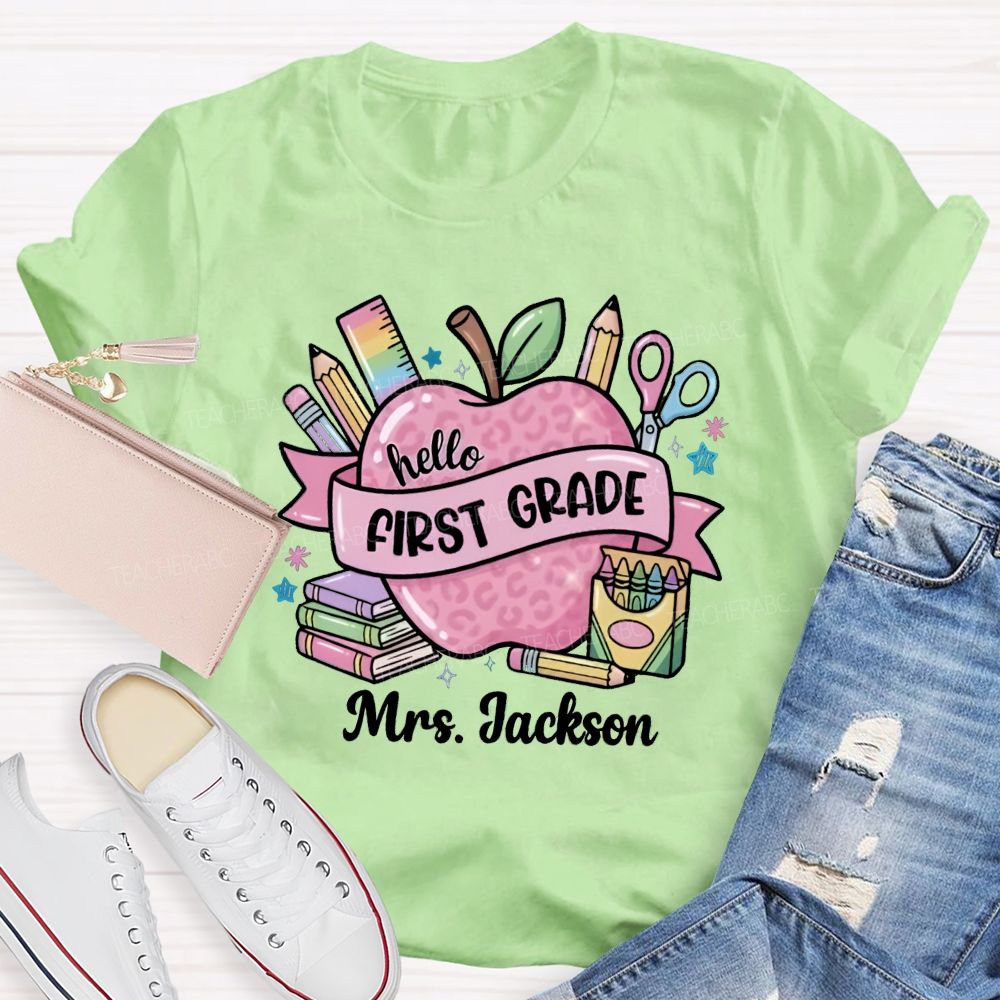 Personalized Grade And Name Pink Leopard Apple Crayon Teacher T-Shirt