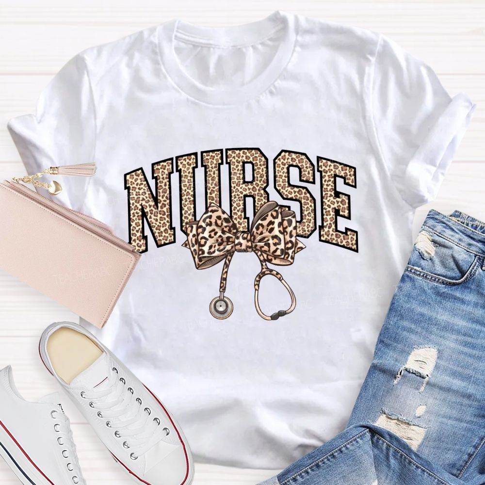 Leopard-Print Bow Stethoscope School Nurse Teacher T-Shirt