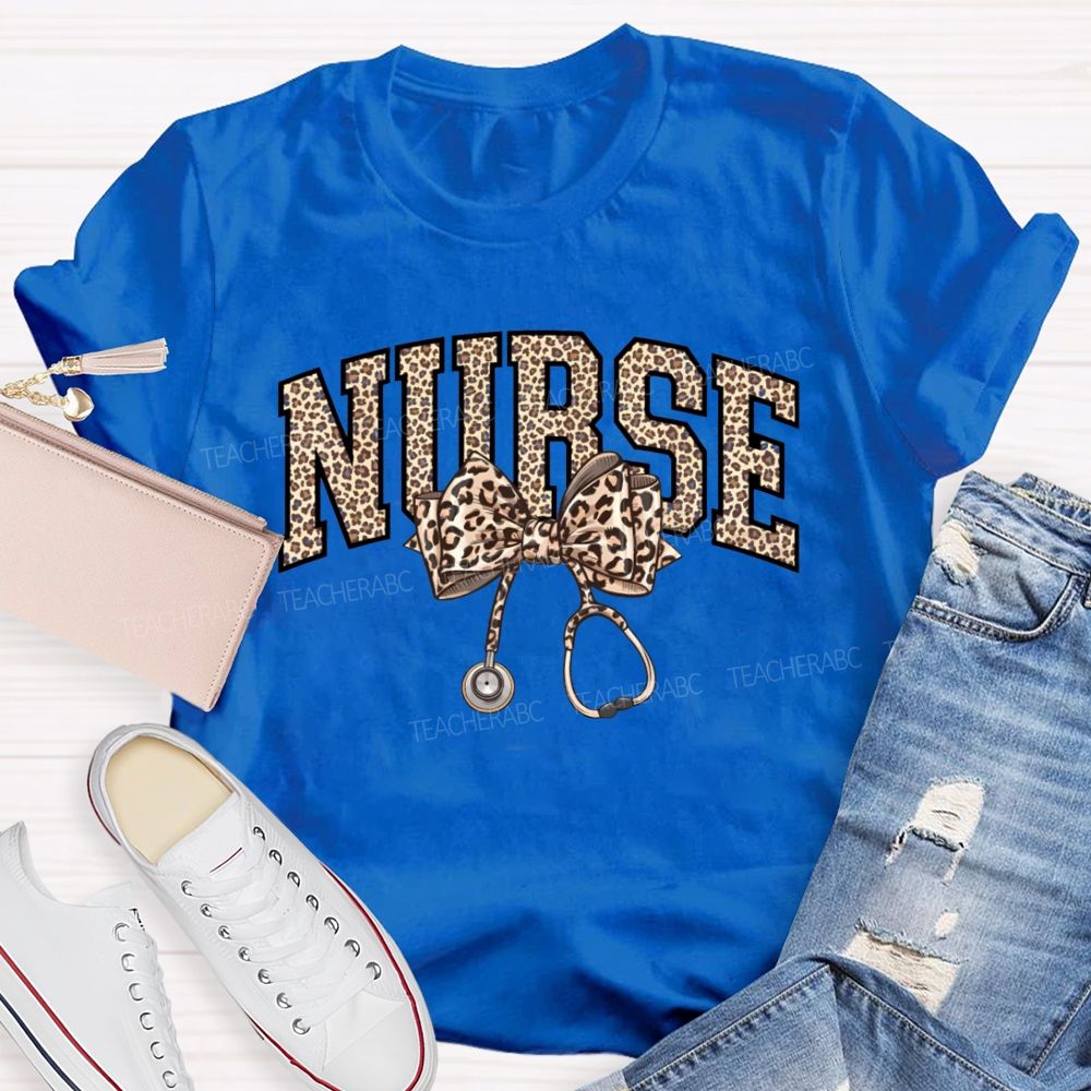 Leopard-Print Bow Stethoscope School Nurse Teacher T-Shirt
