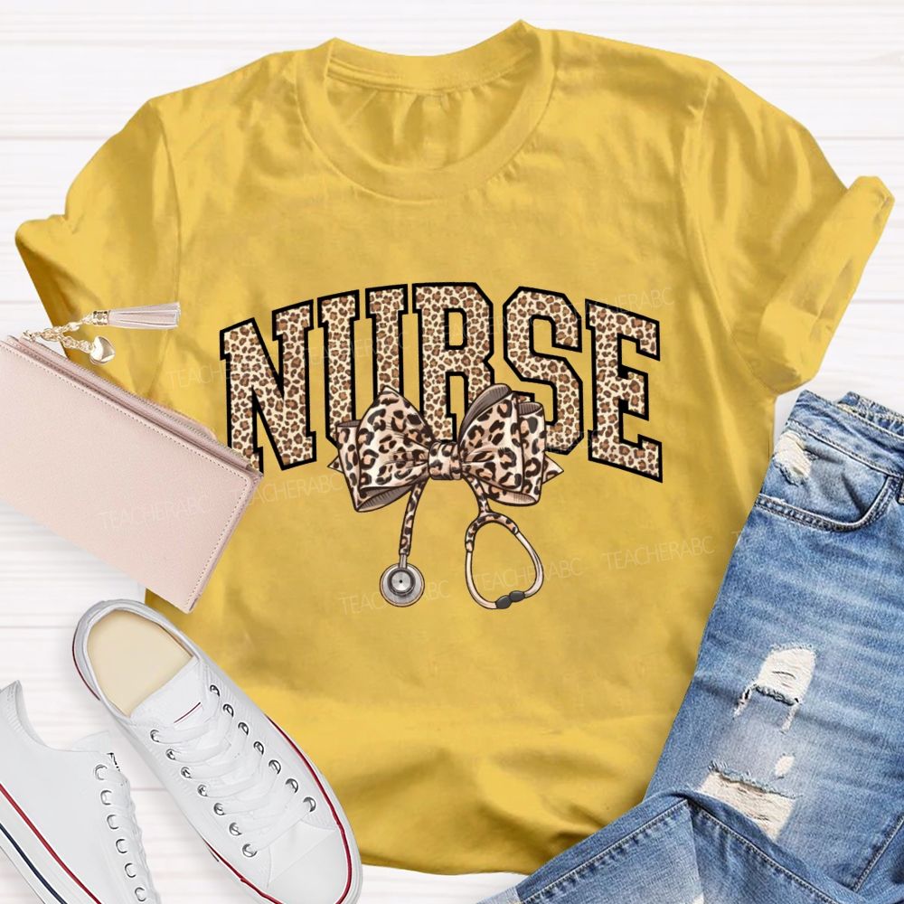 Leopard-Print Bow Stethoscope School Nurse Teacher T-Shirt