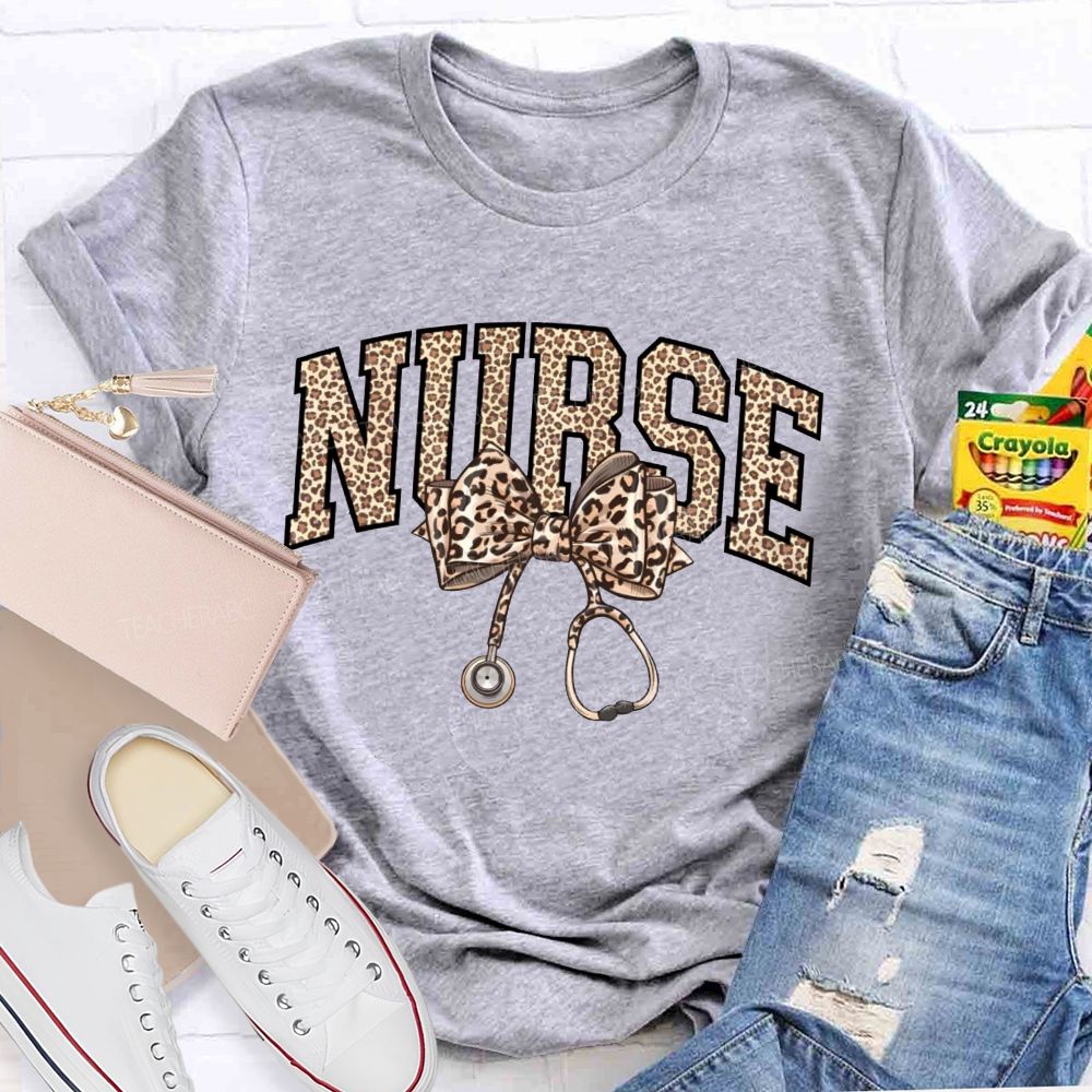 Leopard-Print Bow Stethoscope School Nurse Teacher T-Shirt
