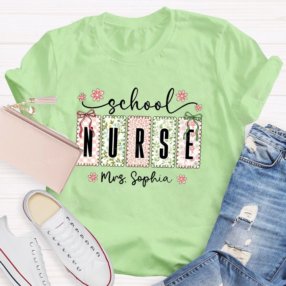 Personalized School Nurse Name Pink Flower Teacher T-Shirt
