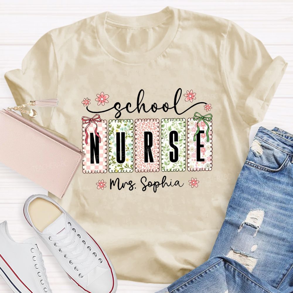 Personalized School Nurse Name Pink Flower Teacher T-Shirt