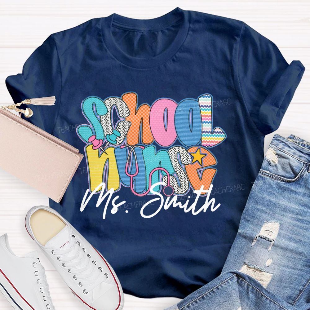 Personalized Name School Nurse Colorful Wavy Lines Teacher T-Shirt