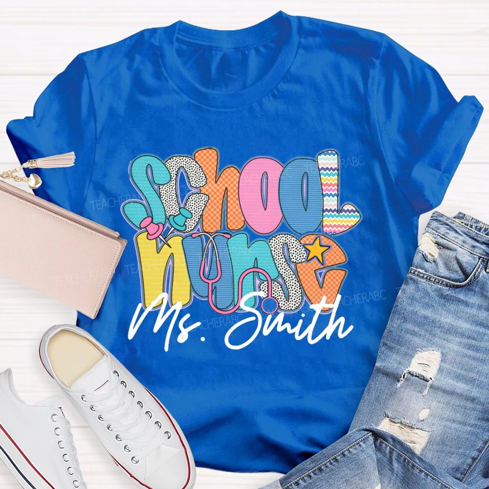 Personalized Name School Nurse Colorful Wavy Lines Teacher T-Shirt