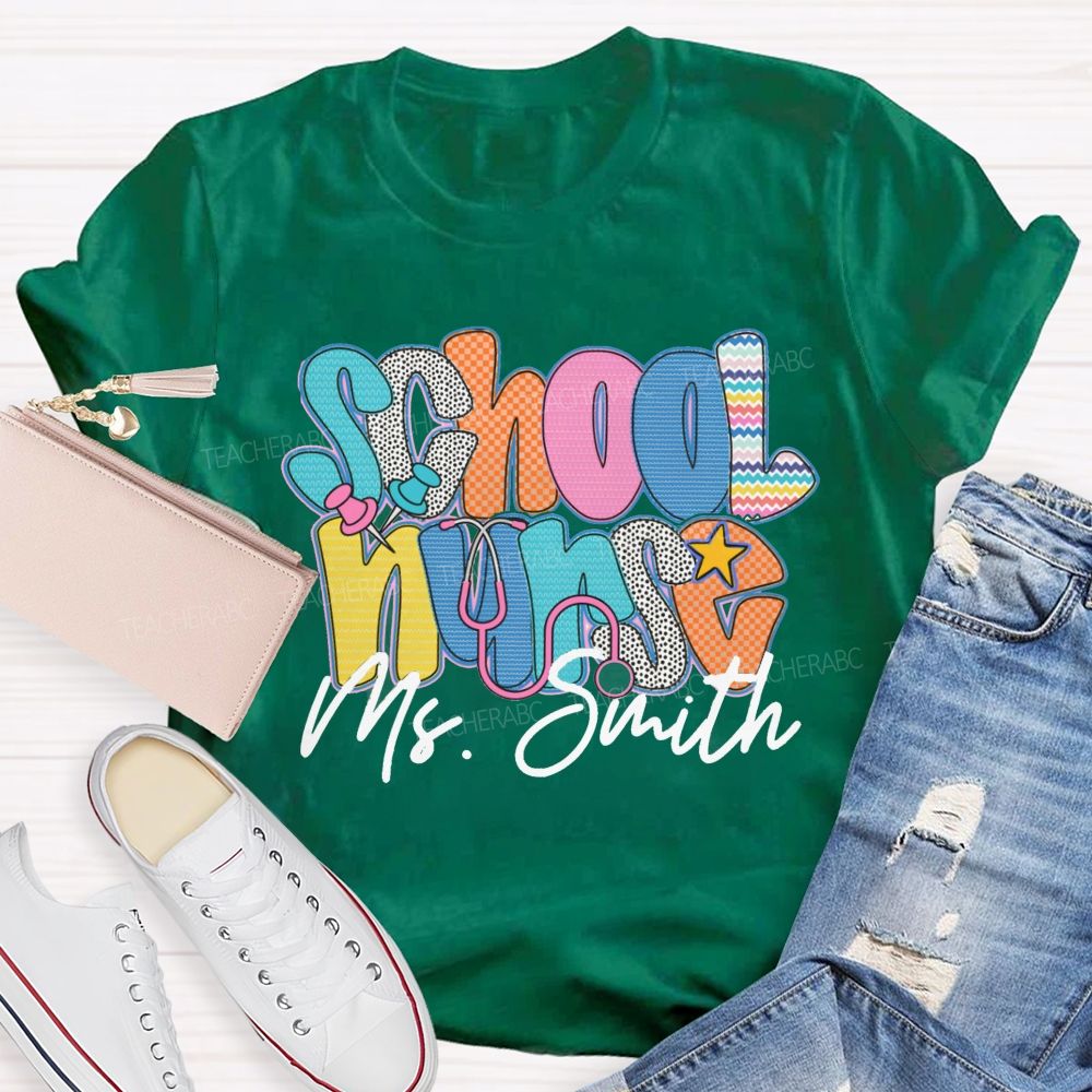 Personalized Name School Nurse Colorful Wavy Lines Teacher T-Shirt