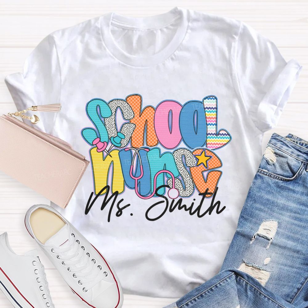 Personalized Name School Nurse Colorful Wavy Lines Teacher T-Shirt
