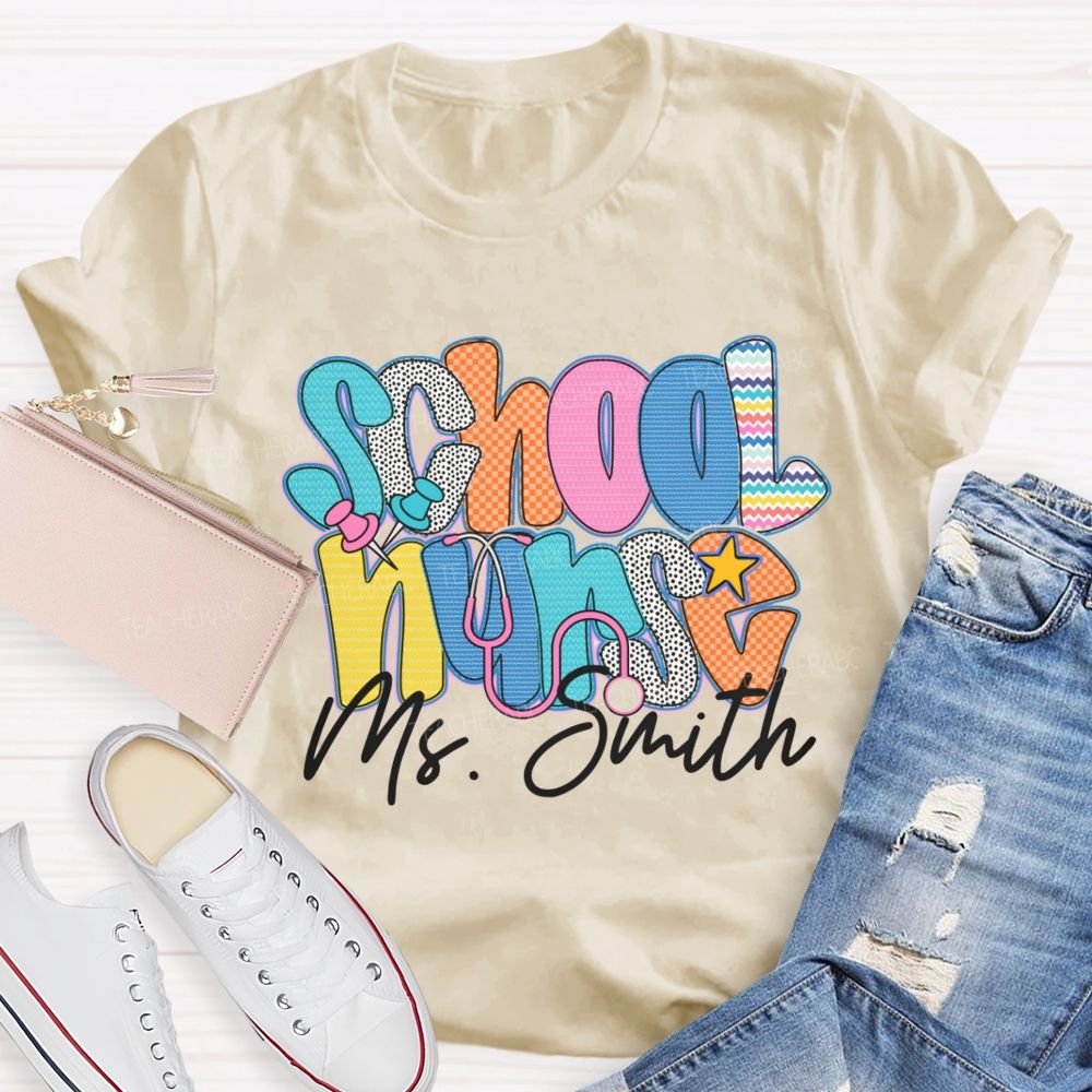Personalized Name School Nurse Colorful Wavy Lines Teacher T-Shirt