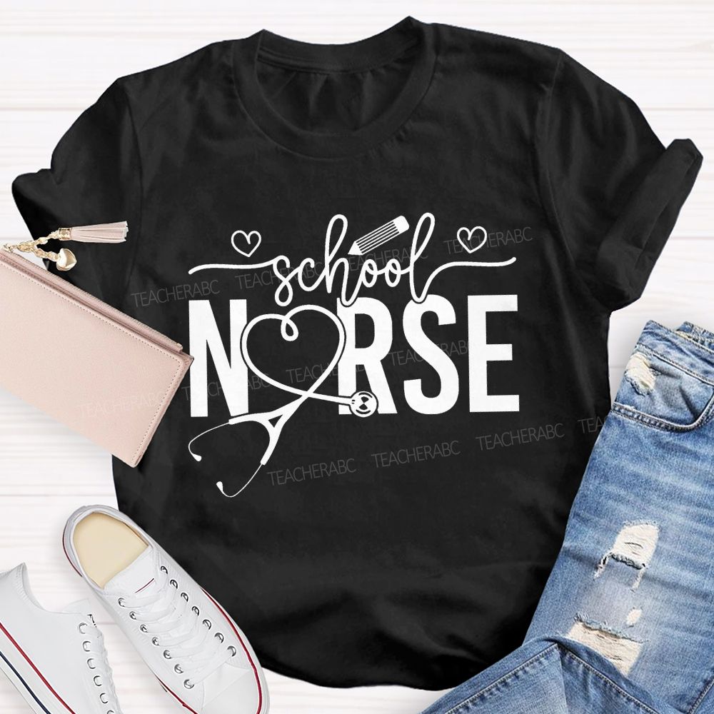 School Nurse Heart-Shaped Stethoscope Teacher T-Shirt