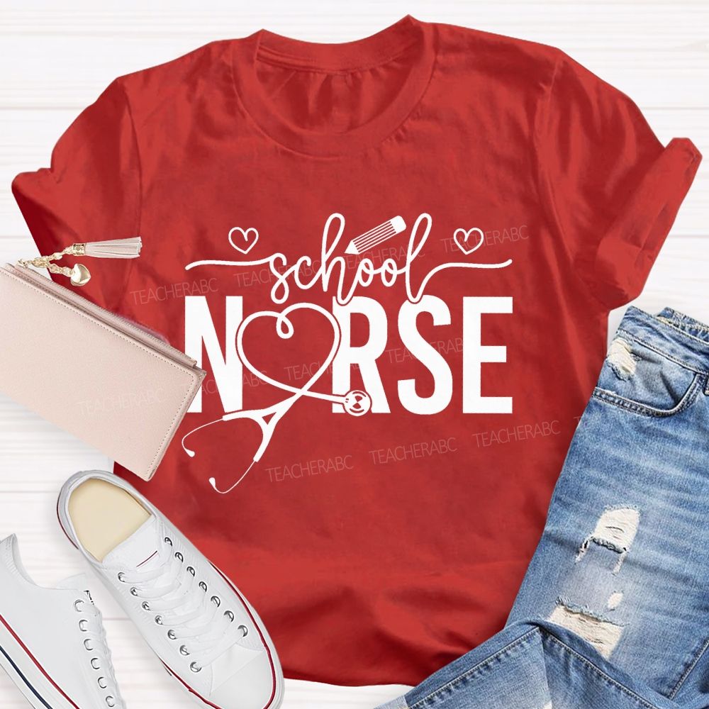 School Nurse Heart-Shaped Stethoscope Teacher T-Shirt