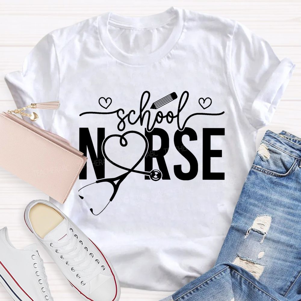 School Nurse Heart-Shaped Stethoscope Teacher T-Shirt