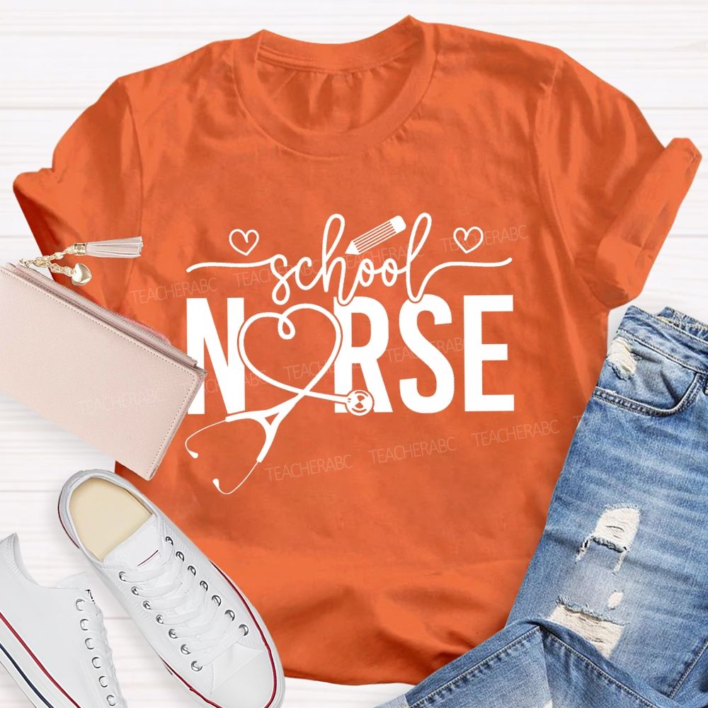 School Nurse Heart-Shaped Stethoscope Teacher T-Shirt
