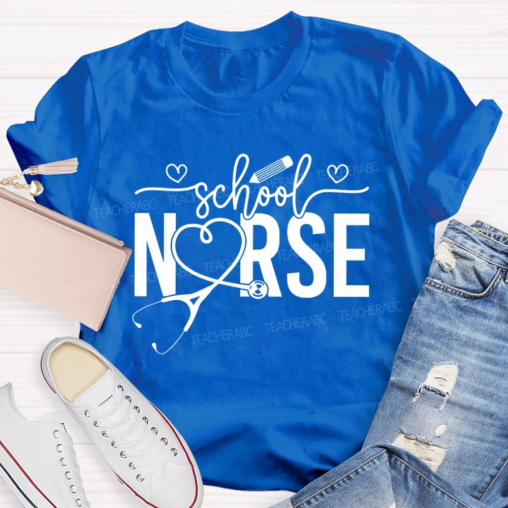 School Nurse Heart-Shaped Stethoscope Teacher T-Shirt