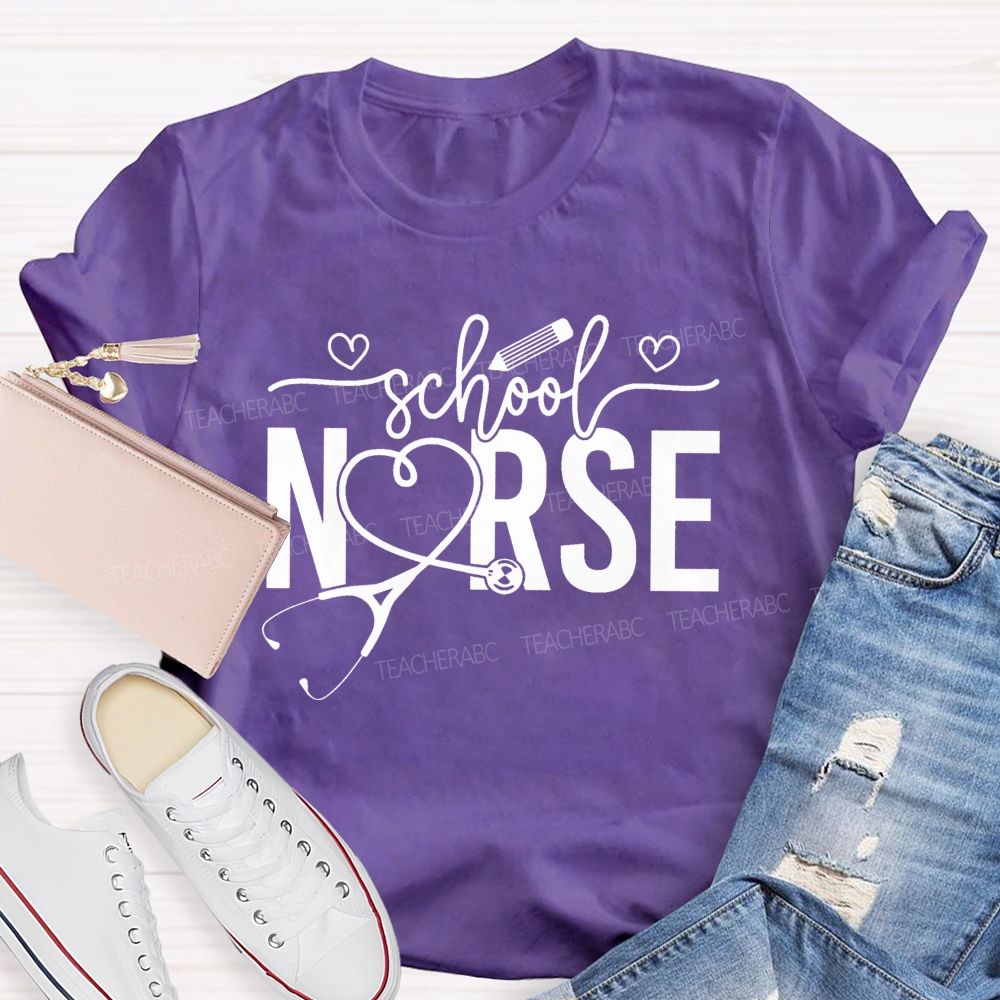 School Nurse Heart-Shaped Stethoscope Teacher T-Shirt