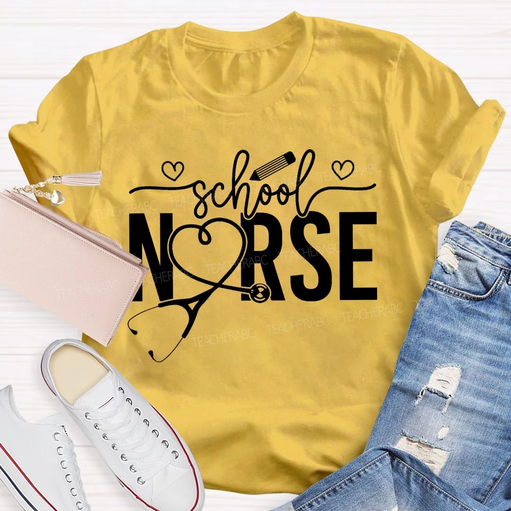 School Nurse Heart-Shaped Stethoscope Teacher T-Shirt