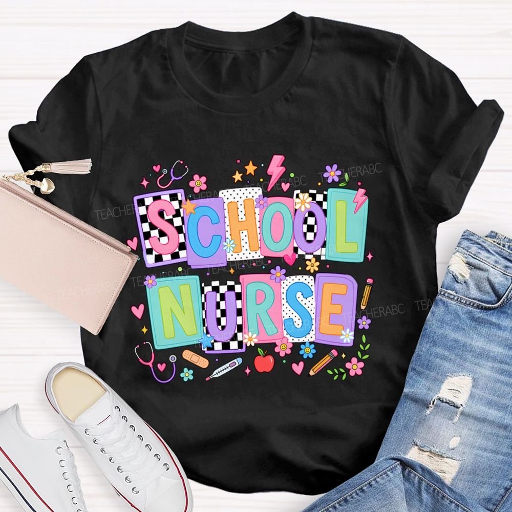 School Nurse Colored Blocks Teacher T-Shirt