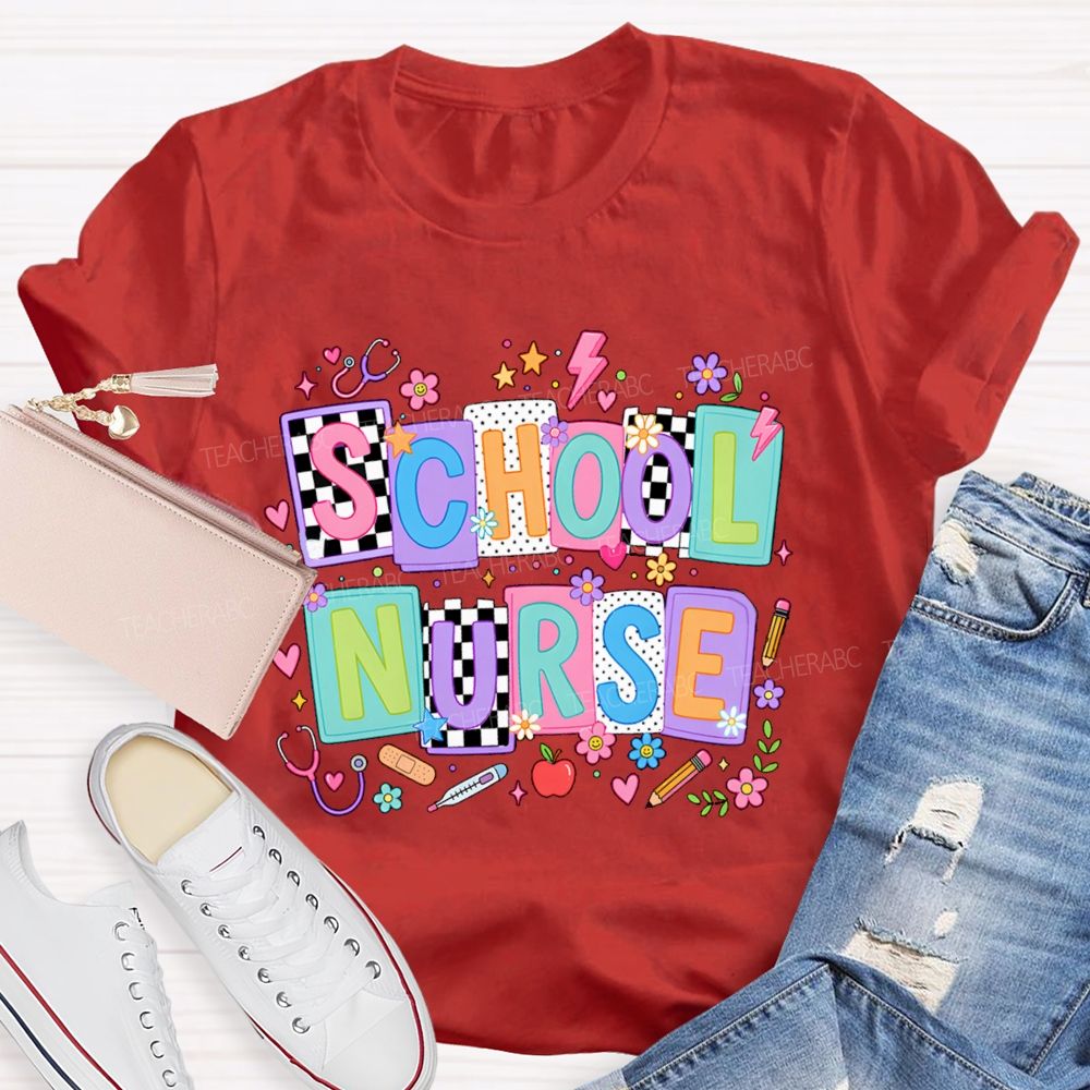 School Nurse Colored Blocks Teacher T-Shirt