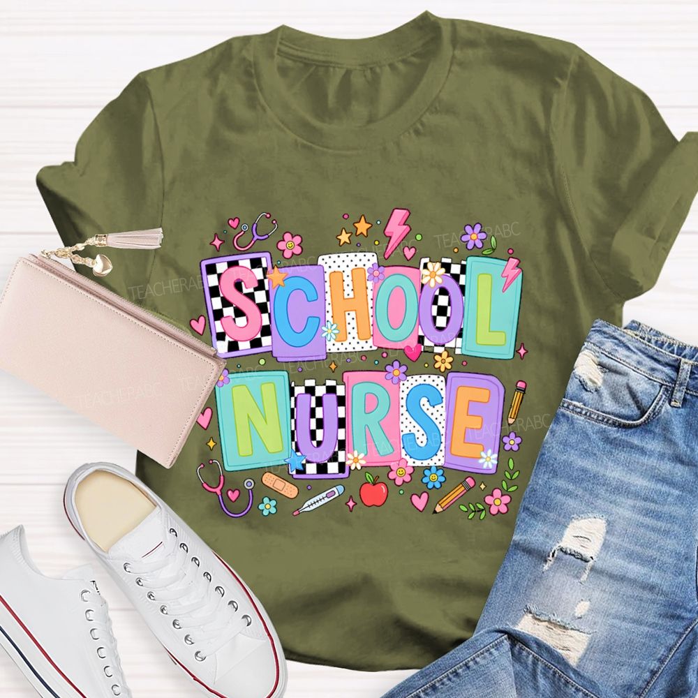 School Nurse Colored Blocks Teacher T-Shirt