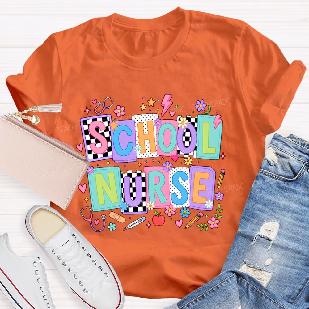 School Nurse Colored Blocks Teacher T-Shirt
