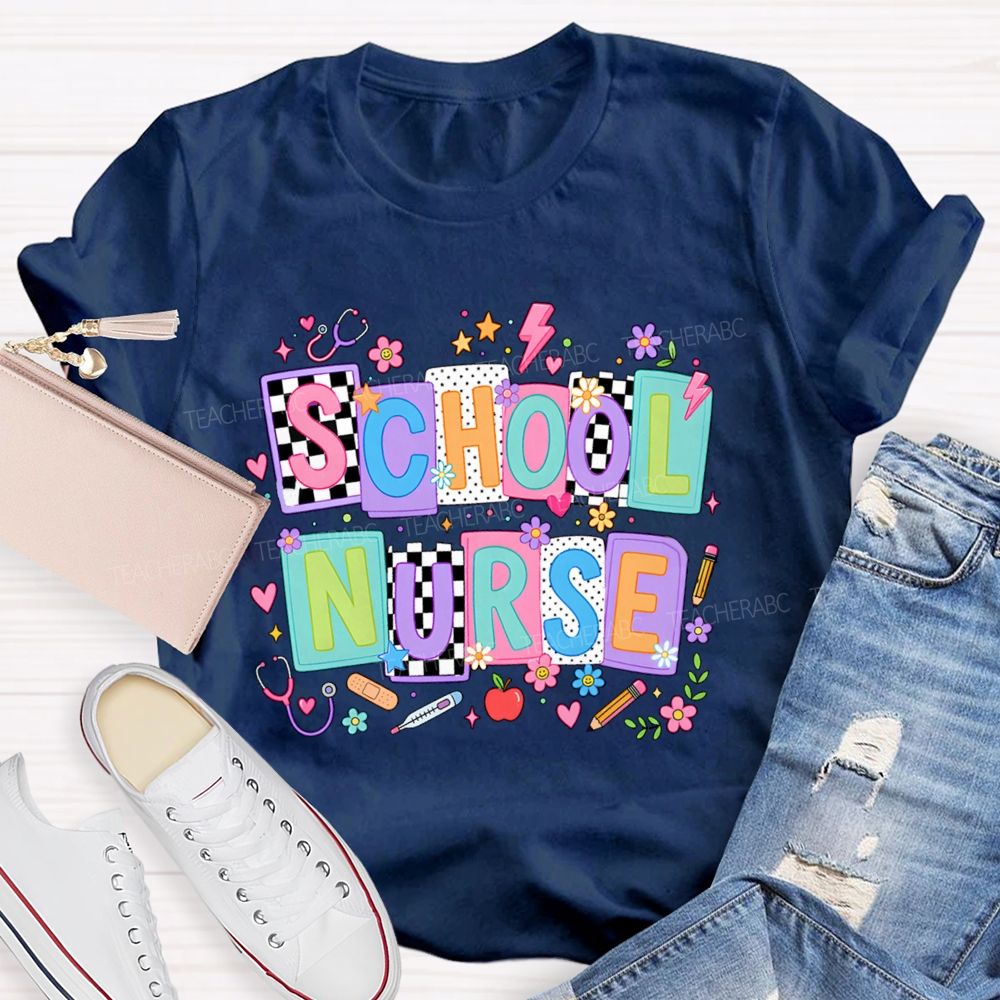 School Nurse Colored Blocks Teacher T-Shirt