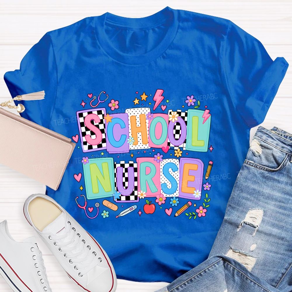 School Nurse Colored Blocks Teacher T-Shirt