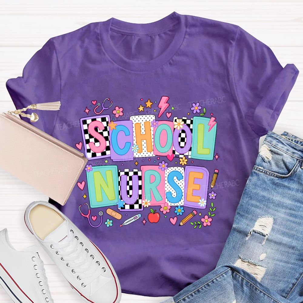 School Nurse Colored Blocks Teacher T-Shirt