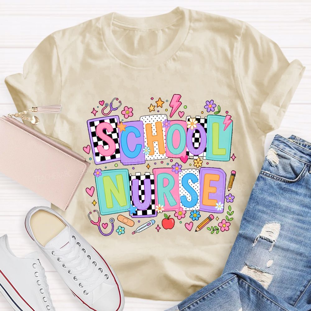 School Nurse Colored Blocks Teacher T-Shirt