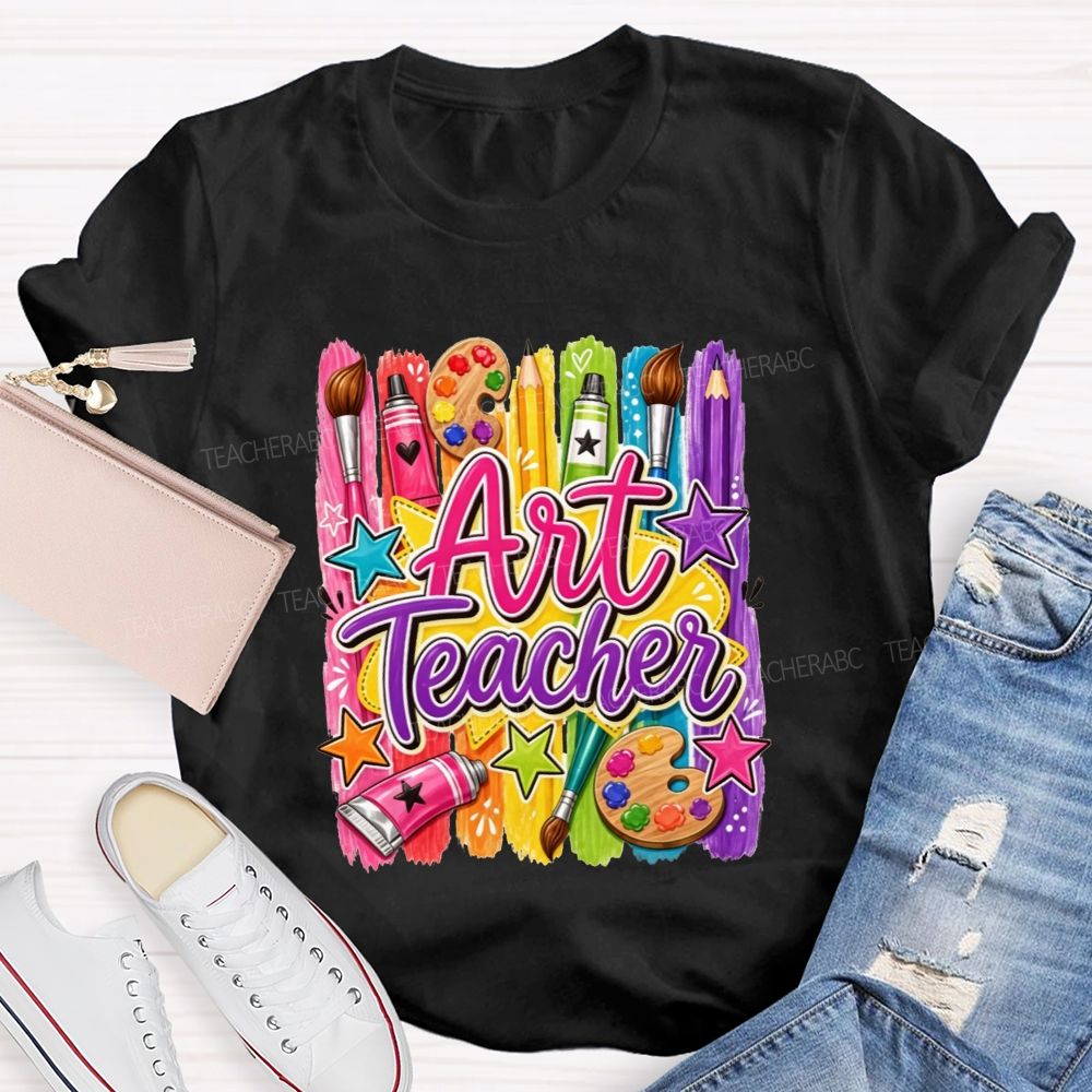 Colorful Art Teacher Paint Brush Palette Artist Teacher T-shirt