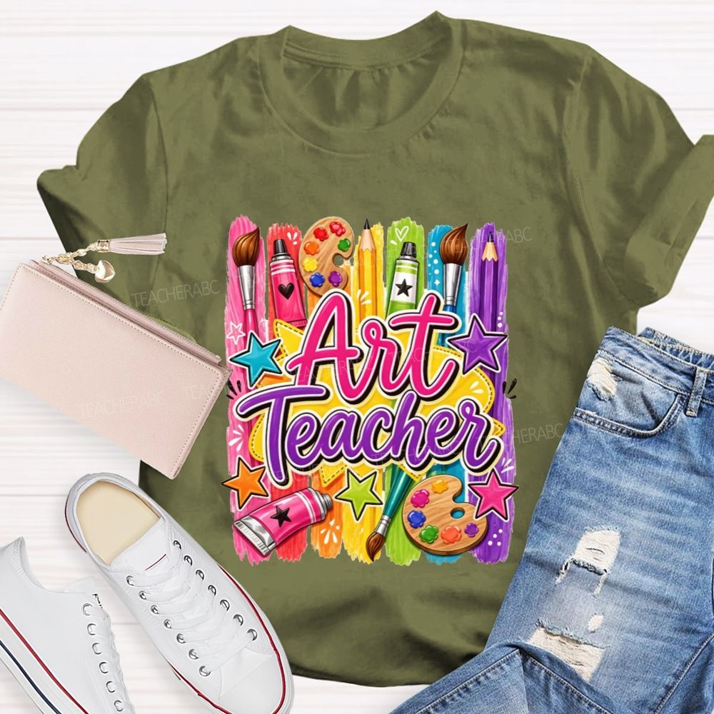 Colorful Art Teacher Paint Brush Palette Artist Teacher T-shirt