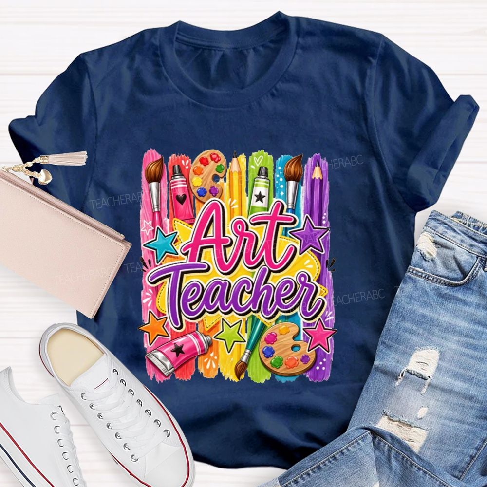 Colorful Art Teacher Paint Brush Palette Artist Teacher T-shirt