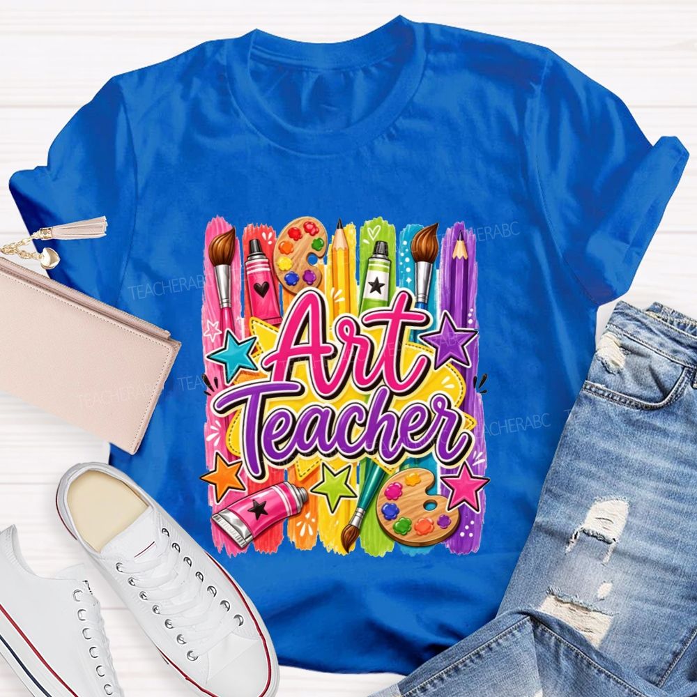 Colorful Art Teacher Paint Brush Palette Artist Teacher T-shirt