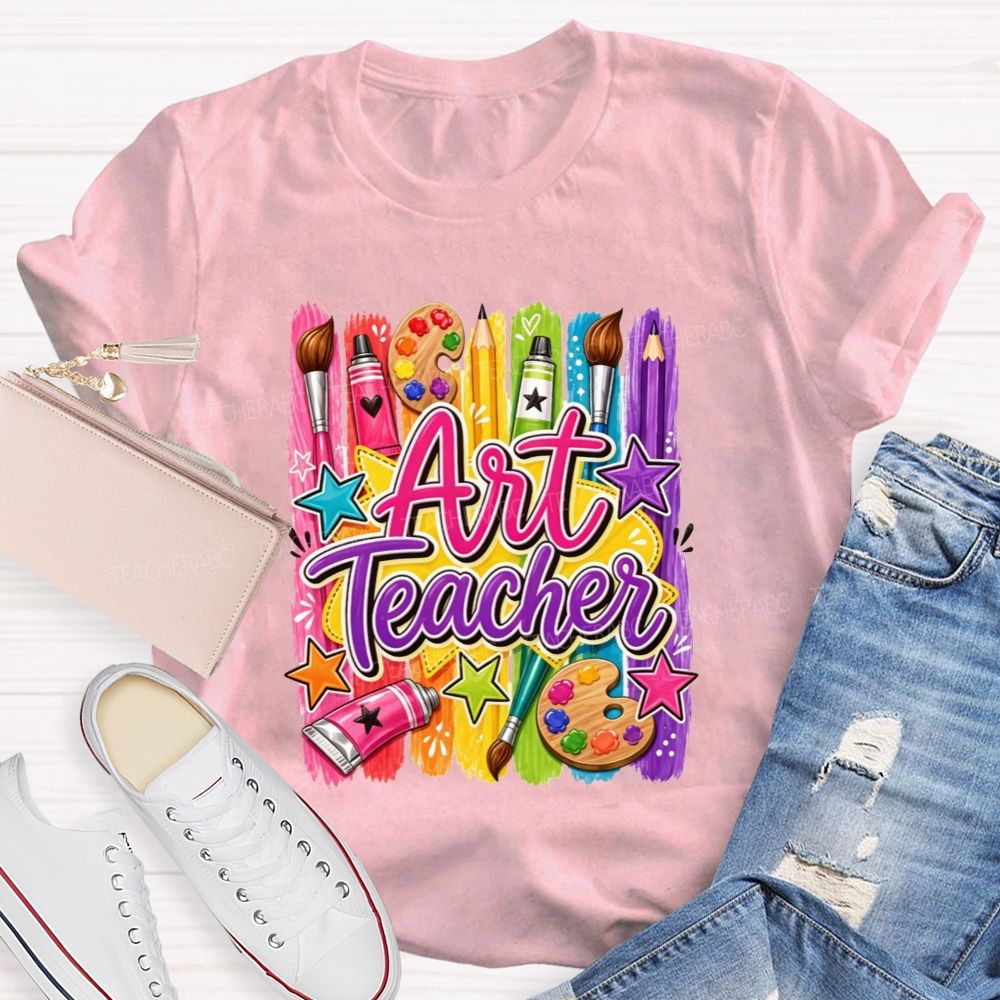 Colorful Art Teacher Paint Brush Palette Artist Teacher T-shirt