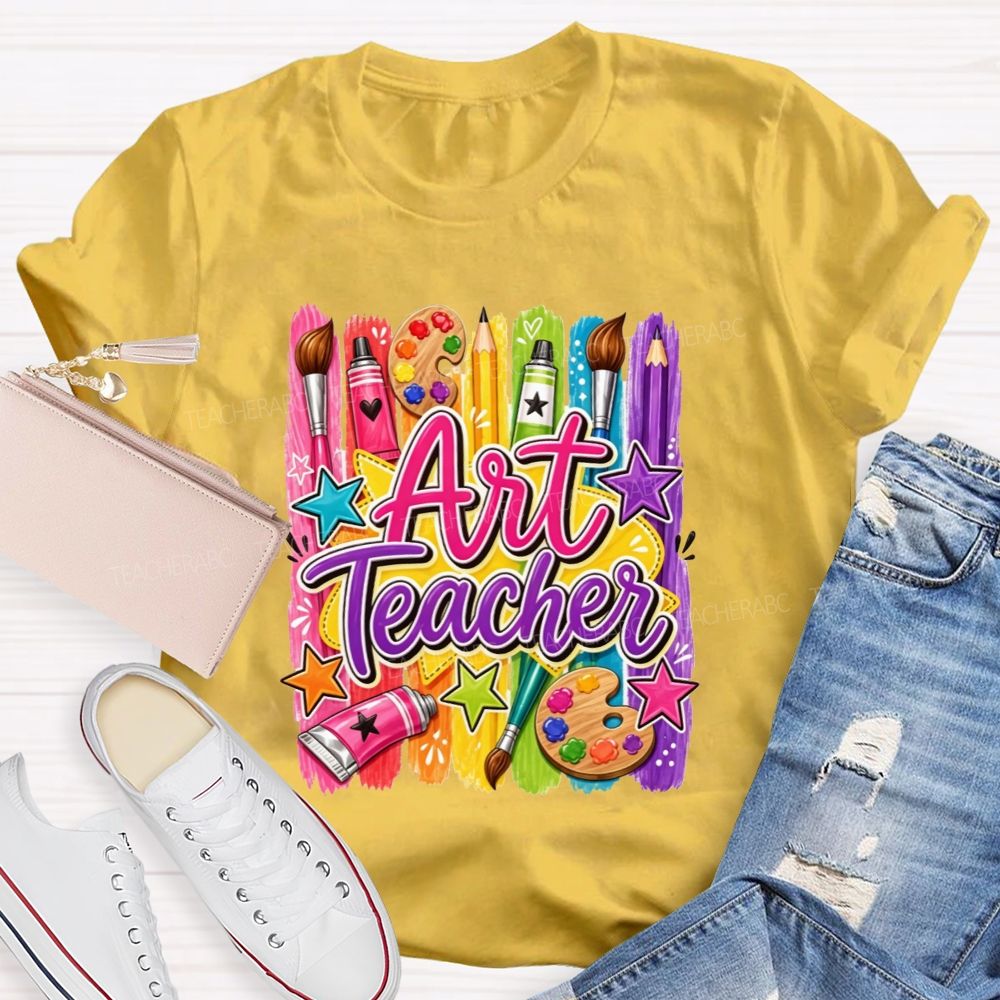 Colorful Art Teacher Paint Brush Palette Artist Teacher T-shirt
