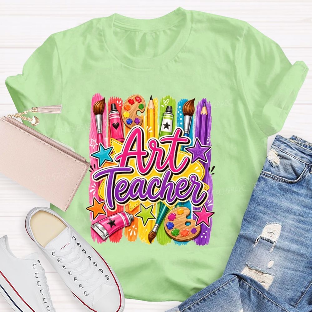Colorful Art Teacher Paint Brush Palette Artist Teacher T-shirt
