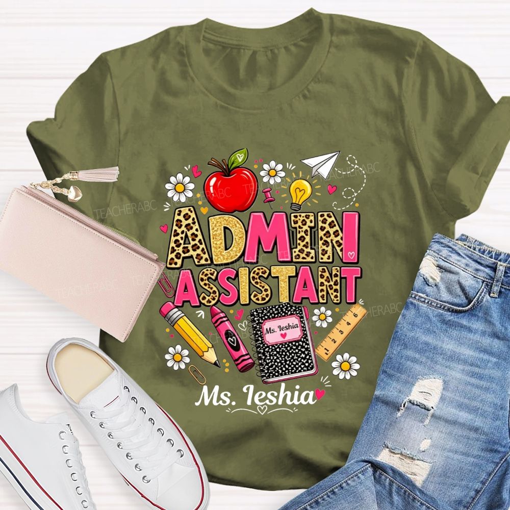 Personalized Name Admin Assistant Leopard Glitter Teacher T-shirt