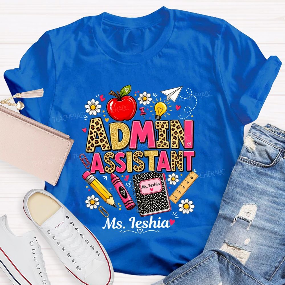 Personalized Name Admin Assistant Leopard Glitter Teacher T-shirt