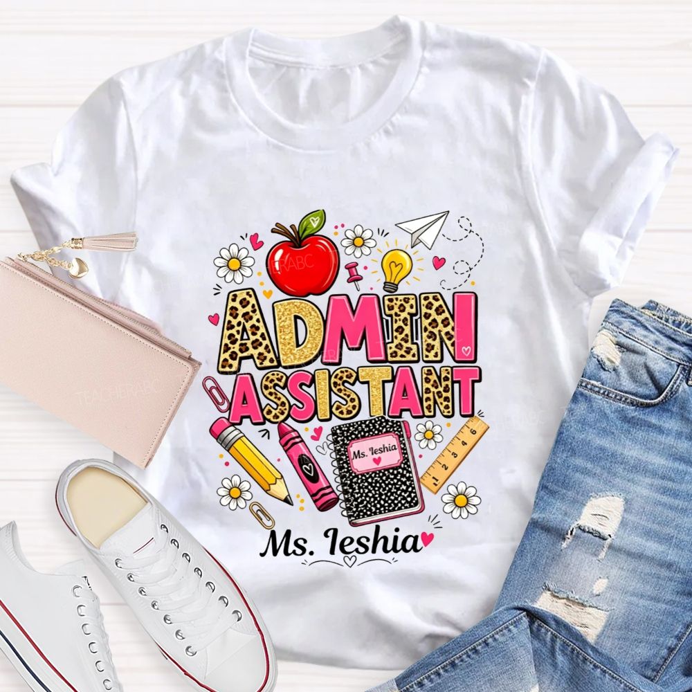 Personalized Name Admin Assistant Leopard Glitter Teacher T-shirt
