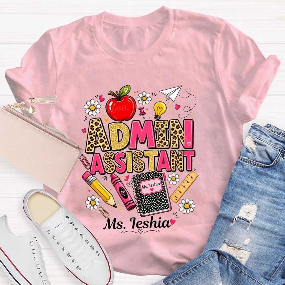 Personalized Name Admin Assistant Leopard Glitter Teacher T-shirt