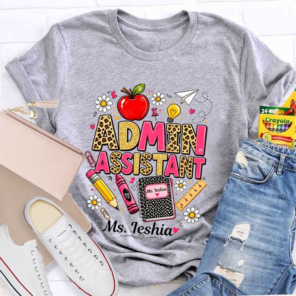 Personalized Name Admin Assistant Leopard Glitter Teacher T-shirt