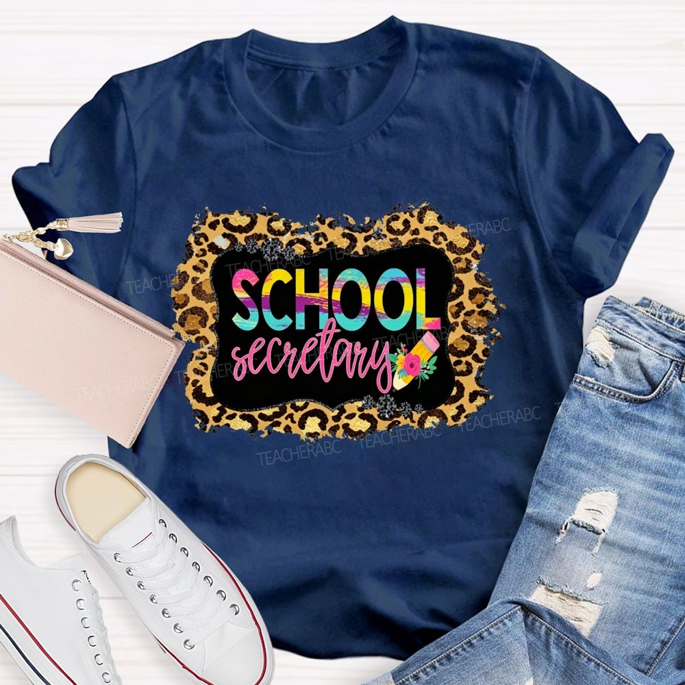 School Secretary Leopard Distressed Rainbow Gradient T-shirt