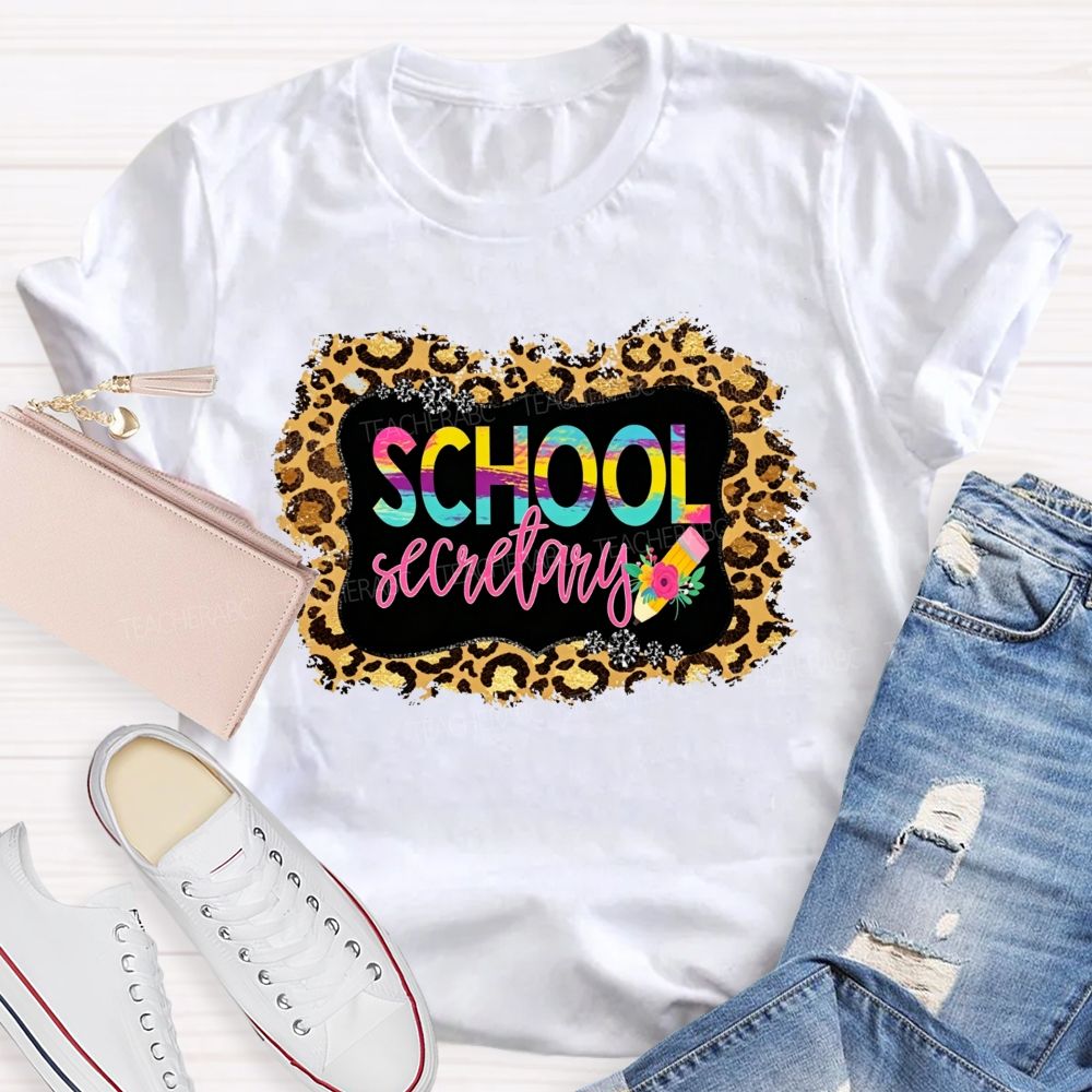 School Secretary Leopard Distressed Rainbow Gradient T-shirt