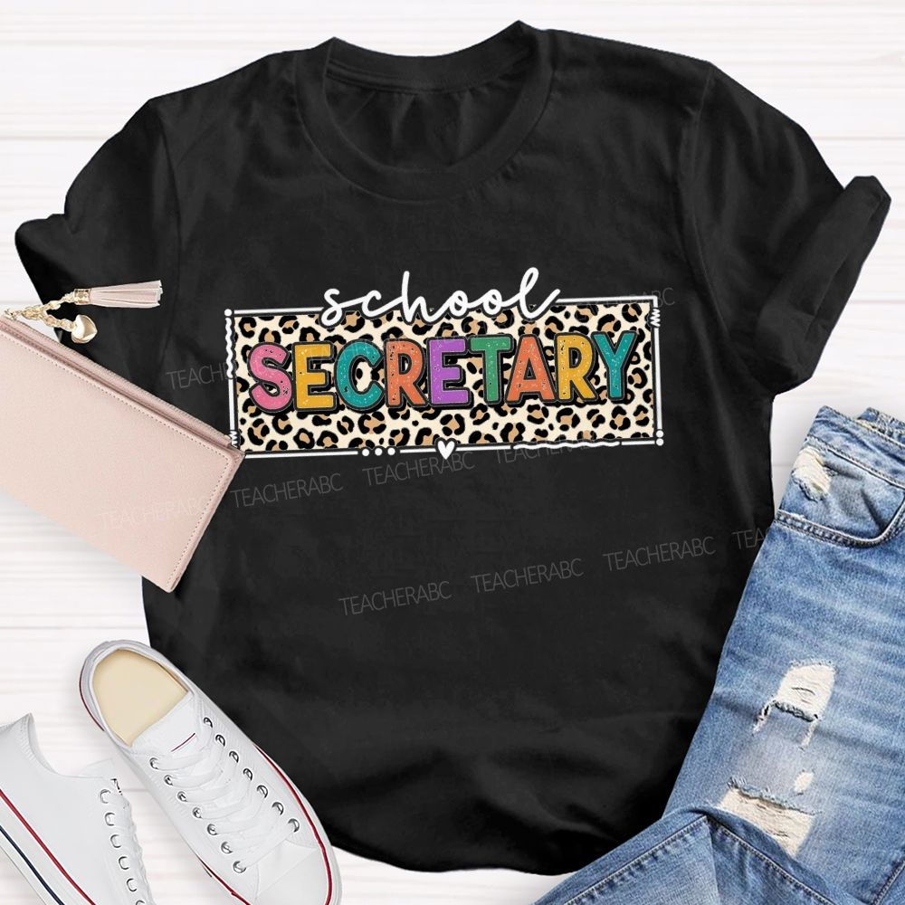 School Secretary Heart Accent Leopard Print T-shirt